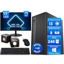Computador Office Completo Intel Core I3 8Gb SSD 240Gb Monitor 15 Caixa de Som