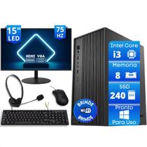 Computador Office Completo Intel Core I3 8Gb SSD 240Gb Monitor 15 Fone Headset