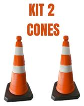 Cone ( Kit c/2 Pçs ) Obra 75 cm altura c/ 2 Faixas Refletiva + Base de Borracha maciça de 3,200 Kg - L.A. Importação
