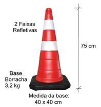 Cone Obra 75 cm altura c/ 2 Faixas Refletiva + Base de Borracha maciça de 3,200 Kg