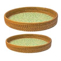 Conj 02 bandejas decorativa rattan redonda boho