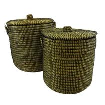 Conj 02 Cestos Redondo Rattan Verde c Tampa e Alça Impecavel