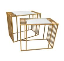 Conj 02 Mesas Auxiliares Metal Dourado T Espelho Luxo