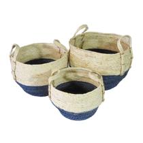 Conj 03 Cestos Fibra Natural Bege c Azul Alças