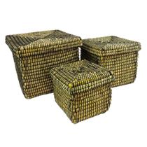 Conj 03 Cestos Quadrado Rattan c Tampa Verde Conj 03 Cestos Quadrado Rattan c Tampa Verde