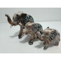 Conj 03 Elefantes Decorativo Madeira Rico Detalhes Formosa