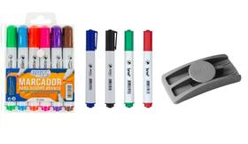 Conj 10 caneta marcador para quadro branco sortido brw + apagador porta caneta