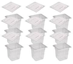 CONJ 12 Cuba Gastronômica Policarbonato GN 1/6X150 mm 2,2 L Transparente com Tampa Poli Simples CONJ 12 Cuba Gastronômica Policarbonato GN 1/6X150 mm 2,2 L Transparente com Tampa Poli Simples