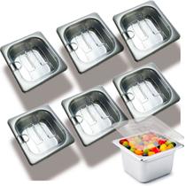 CONJ 12 CUBAS Gastronômicas Em INOX GN 1/6x100 mm 1,5 Litros SB + 12 TAMPAS 1/6 Em POLICARBONATO Com Abertura Para Colher SB