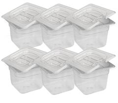 CONJ 12 CUBAS Gastronômicas Em POLICARBONATO GN 1/6X100 mm 1,5 Litros + 12 TAMPAS 1/6 Em POLI Com ABERTURA Para COLHER CAMBRO