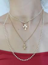 Conj. 2 Colar Cruz E Menina Folheado Ouro18k Perola Conj. 2 Colar Cruz E Menina Folheado Ouro18k Perola