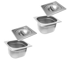 CONJ 2 CUBAS Gastronômicas Em INOX GN 1/6x100 mm 1,5 Litros + 2 TAMPAS 1/6 Em INOX Sem ABERTURA ZAHAV