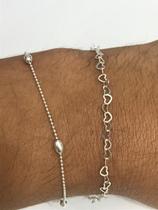 Conj. 2 Pulseiras Prata Maciça 925 Bolinha Coração