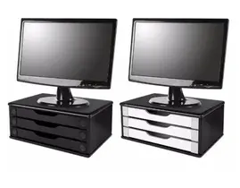 Conj 2 Suporte de Mesa Para Monitor Em MDF = 1 Black Piano 3347 Com 3 Gavetas Black Piano e 1 Black Piano Com 3 Gavetas Brancas 3349