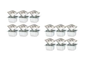 CONJ 20 CUBAS Gastronômicas Em INOX GN 1/6x100 mm 1,5 Litros + 20 TAMPAS 1/6 Em INOX Com ABERTURA Para Colher ZAHAV