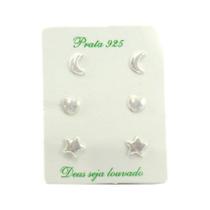 Conj. 3 Brincos Prata Legítima 925 Coração Lua Estrela Conj. 3 Brincos Prata Legítima 925 Coração Lua Estrela