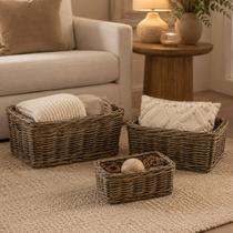 Conj. 3 Cesto Rattan Natural Organizador Decorativo Multiuso