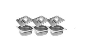 CONJ 3 CUBAS Gastronômica Em INOX GN 1/6x65 mm 900/1000 ml + 3 TAMPAS 1/6 Em INOX Sem ABERTURA ZAHAV