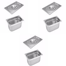 CONJ 3 CUBAS GASTRONÔMICAS Em Inox GN 1/4x100 mm 2,7 Litros + 3 TAMPAS 1/4 Em INOX SEM ABERTURA ZAHAV