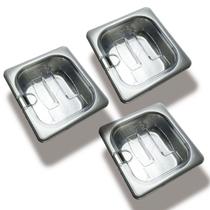 CONJ 3 CUBAS Gastronômicas Em INOX GN 1/6x100 mm 1,5 Litros + 3 TAMPAS 1/6 Em POLICARBONATO Com ABERTURA SB CONJ 3 CUBAS Gastronômicas Em INOX GN 1/6x100 mm 1,5 Litros + 3 TAMPAS 1/6 Em POLICARBONATO Com ABERTURA SB
