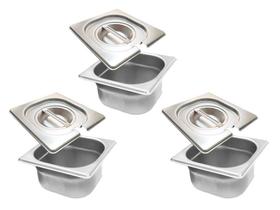 CONJ 3 CUBAS Gastronômicas Em INOX GN 1/6x65 mm 1 Litro + 3 TAMPAS 1/6 Em INOX Com ABERTURA Para Colher ZAHAV