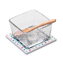 Conj.3 Peças Petisqueira de Vidro, Colher Bambu e Suporte Ladrilho Wolff