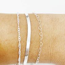 Conj. 3 Pulseiras Laminada Coração Singapura Prata 925 Conj. 3 Pulseiras Laminada Coração Singapura Prata 925