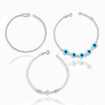 Conj. 3 Pulseiras Prata 925 3 Olho Grego Pedra Cabelo Anjo