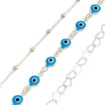 Conj. 3 Pulseiras Prata 925 Bolinha Olho Grego Coração Conj. 3 Pulseiras Prata 925 Bolinha Olho Grego Coração