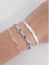 Conj.3 Pulseiras Prata Legítima 925 3fios Olho Grego Coração