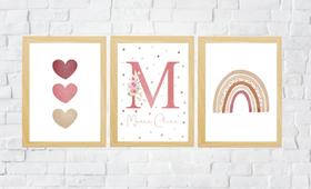 Conj 3 Quadros Infantil Quarto Bebê Menina Nome Rosê Floral Arco Íris e Corações Conj 3 Quadros Infantil Quarto Bebê Menina Nome Rosê Floral Arco Íris e Corações