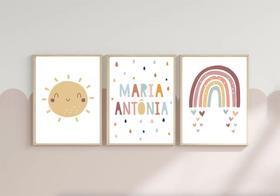 Conj 3 Quadros Infantil Quarto Bebê Menina Sol Nome Arco Íris Conj 3 Quadros Infantil Quarto Bebê Menina Sol Nome Arco Íris