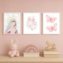 Conj 3 Quadros Infantil Quarto Bebê Nossa Senhora Borboletas Flores 24x33 c Vidro