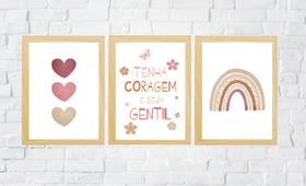 Conj 3 Quadros Infantil Quarto Bebê Rosê Arco Íris Corações Tenha Coragem 24x33 c Vidro Conj 3 Quadros Infantil Quarto Bebê Rosê Arco Íris Corações Tenha Coragem 24x33 c Vidro