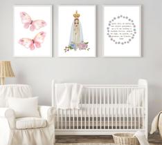 Conj 3 Quadros Infantil Quarto de Bebê Nossa Senhora Borboleta e Oração 24x33 c Vidro