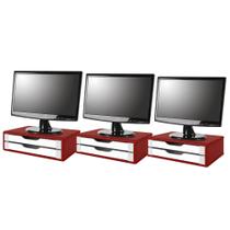 Conj 3 Suporte Para Monitor de Mesa em MDF Vermelho Com 2 Gavetas Brancas Souza Referência 3360