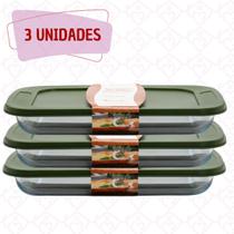 Conj 3 Travessa Refratária Vidro Retang 1,6L Tampa Silicone