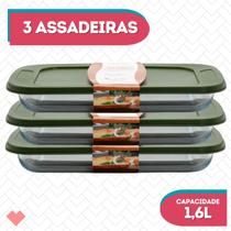 Conj 3 Travessa Refratário Oval C Tampa 1,6L Vidro Hermético