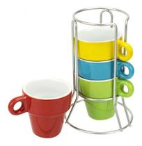 Conj 4 Xícaras Café Coloridas 60 Ml + Suporte - Bon Gourmet