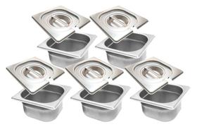 CONJ 5 CUBAS Gastronômicas Em INOX GN 1/6x65 mm 1 Litro + 5 TAMPAS 1/6 Em INOX COM ABERTURA Para Colher e Afins ZAHAV