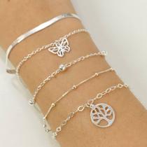 Conj. 5 Pulseiras Prata 925 Borboleta Laminada Arvore Vida