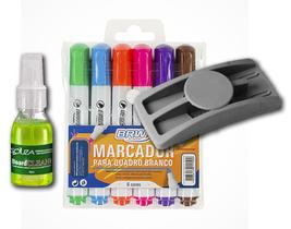 Conj 6 caneta marcador para quadro branco sortido novas cores brw ca3000 + apagador porta caneta + limpador para quadro branco