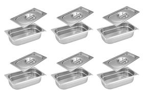 CONJ 6 CUBAS Gastronômicas Em INOX GN 1/3x65 mm 2,5 Litros + 6 TAMPAS 1/3 Em INOX Sem ABERTURA ZAHAV
