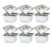 CONJ 6 CUBAS Gastronômicas Em INOX GN 1/6x100 mm 1,5 Litros + 6 TAMPAS 1/6 Em INOX Com ABERTURA Para Colher ZAHAV CONJ 6 CUBAS Gastronômicas Em INOX GN 1/6x100 mm 1,5 Litros + 6 TAMPAS 1/6 Em INOX Com ABERTURA Para Colher ZAHAV
