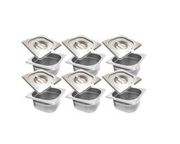 CONJ 6 CUBAS Gastronômicas Em INOX GN 1/6x65 mm 900/1000 ml + 6 TAMPAS INOX Com ABERTURA Para COLHER ZAHAV CONJ 6 CUBAS Gastronômicas Em INOX GN 1/6x65 mm 900/1000 ml + 6 TAMPAS INOX Com ABERTURA Para COLHER ZAHAV