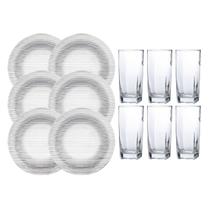 Conj 6 Pratos Diamante Fundo 6 Copos Bali Transparente