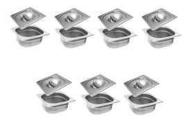CONJ 7 CUBAS Gastronômicas Em INOX GN 1/6x65 mm 1 Litro + 7 TAMPAS 1/6 Em INOX SEM ABERTURA ZAHAV