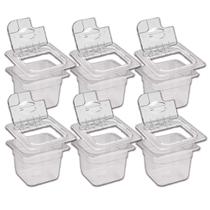 CONJ 8 CUBAS Gastronômicas Em POLICARBONATO GN 1/6X100 mm 1,5 Litros + 8 TAMPAS Em POLI Com FLIP, DOBRADIÇA e ABERTURA Para Colher CAMBRO