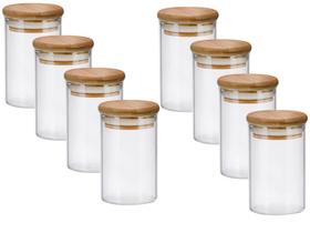 Conj. 8 potes hermetico vidro boro c/tampa bambu 110ml Conj. 8 potes hermetico vidro boro c/tampa bambu 110ml