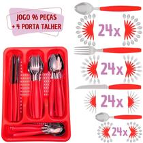 Conj 96 Talheres Inox Berlim C/ 4 Porta Talheres Vermelho